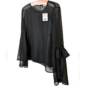 Stylish Sheer Black Blouse with Asymmetrical Hem & Bow Detail - Size M